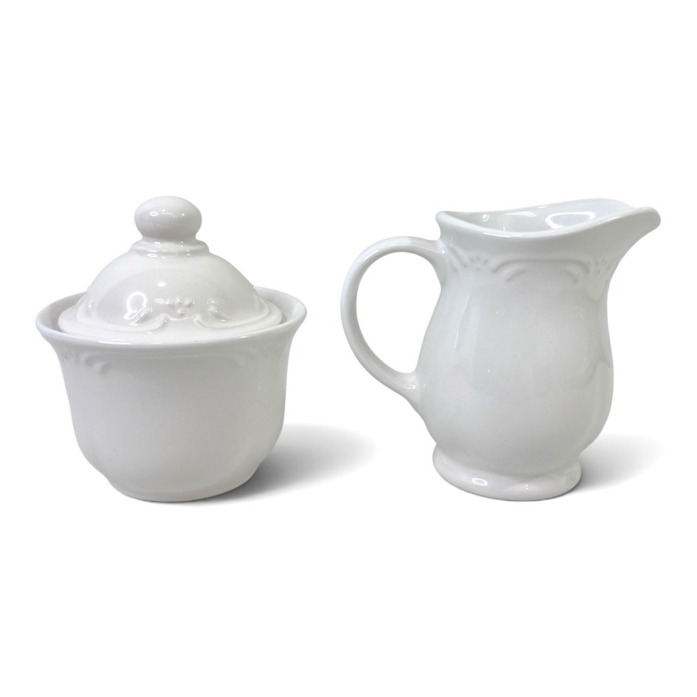 Pfaltzgraff Filigree White Stoneware Sugar Bowl with Lid and Creamer Pitcher Set